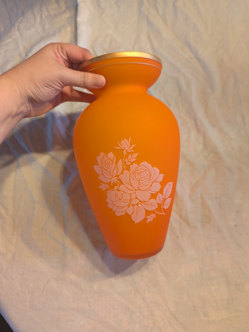 2/60$ Vintage Orange Glass Vase with White Rose Motif